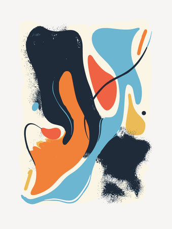 A colorful abstract painting with a blue and orange swirl. The painting is full of different colors and shapes, creating a sense of movement and energy. The overall mood of the painting is vibrantのイラスト素材