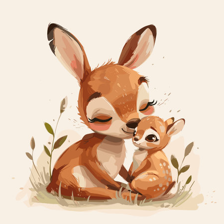 Cute cartoon baby deer with mother on the meadow. Vector illustration.のイラスト素材