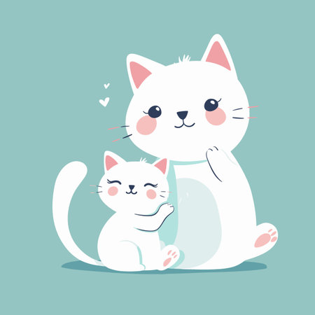 Cute white cat and kitten. Vector illustration in flat style.のイラスト素材