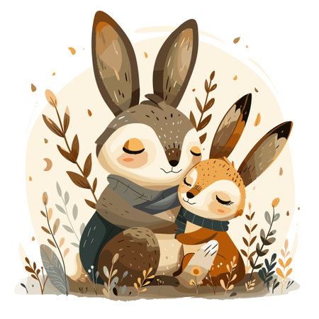 Cute cartoon baby rabbit and hare in the forest. Vector illustration.のイラスト素材
