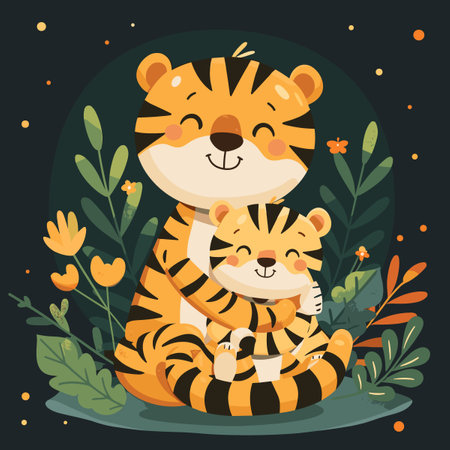 Cute tiger and cub. Vector illustration in flat cartoon style.のイラスト素材