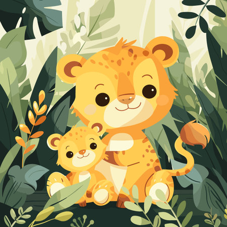 Cute cartoon baby lion and lioness in the jungle. Vector illustrationのイラスト素材