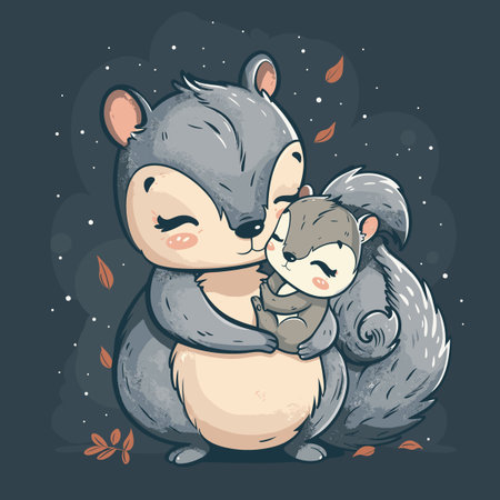 Vector illustration of a cute little bear hugging a squirrel on a dark background.のイラスト素材