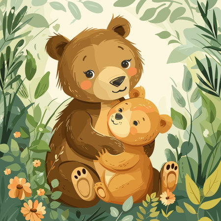 Cute cartoon bear and cub in the jungle. Vector illustration.のイラスト素材