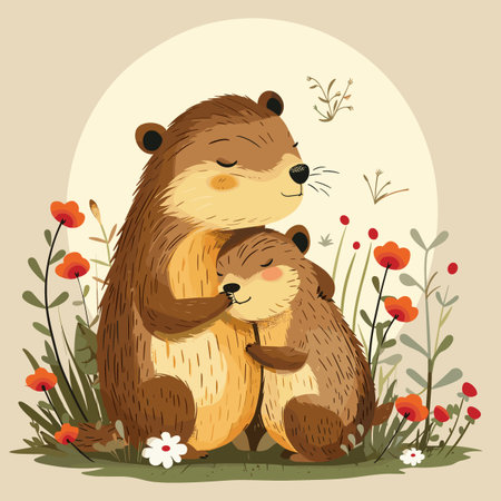 Mother and baby beaver hugging each other. Vector illustration in retro style.のイラスト素材