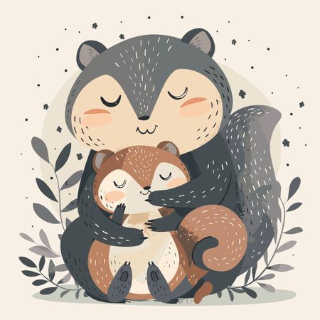 Cute hand drawn vector illustration of a mother and baby squirrel.のイラスト素材