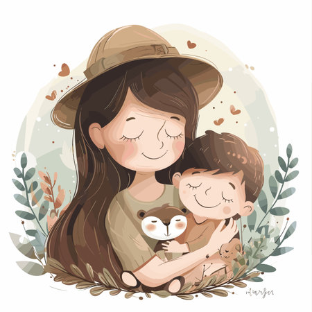 Mother and son in safari hat. Cute cartoon vector illustration.のイラスト素材