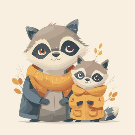 Cute raccoon family in warm clothes and scarf. Vector illustration.のイラスト素材