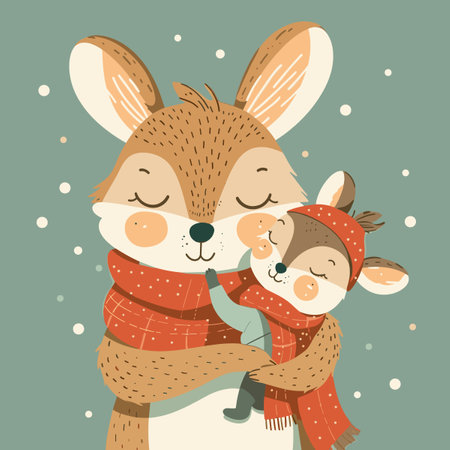Christmas greeting card with cute cartoon hare in scarf. Vector illustration.のイラスト素材