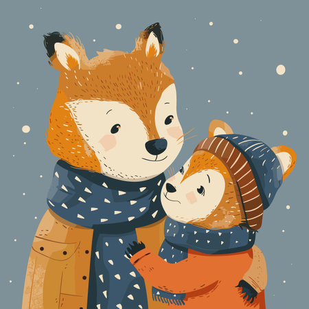Cute cartoon fox and bear in winter clothes. Vector illustration.のイラスト素材