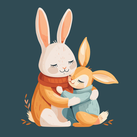 Vector illustration of two cute rabbits in warm clothes hugging each other.のイラスト素材