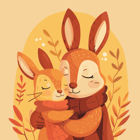 Cute cartoon bunny couple in warm winter clothes. Vector illustration.のイラスト素材
