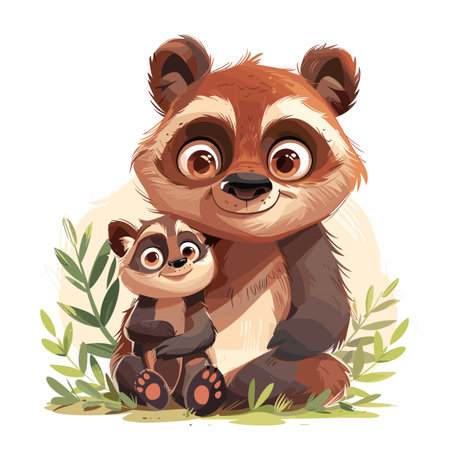 Cute cartoon panda bear with her baby, vector illustration.のイラスト素材