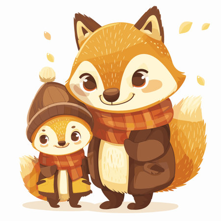 Cute cartoon fox and squirrel in warm clothes. Vector illustration.のイラスト素材