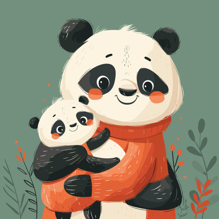 Cute cartoon panda family in scarves. Vector illustration.のイラスト素材