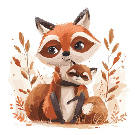 Cute cartoon fox family. Vector illustration of a mother and baby fox.のイラスト素材