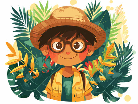 Vector illustration of a boy in a hat and glasses on a background of tropical leavesのイラスト素材