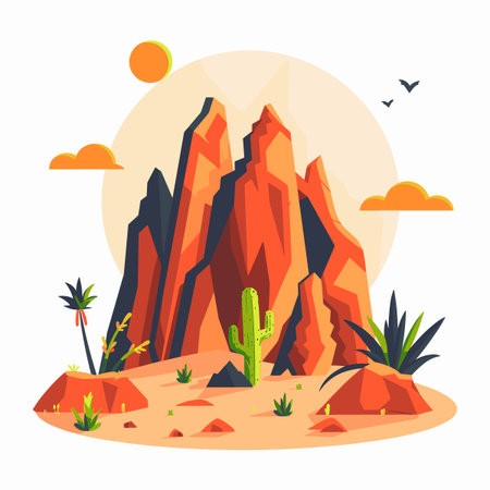 Desert landscape with mountains and cactuses. Flat vector illustration.のイラスト素材