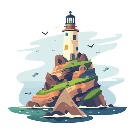 Lighthouse on a cliff. Vector illustration in flat cartoon style.のイラスト素材