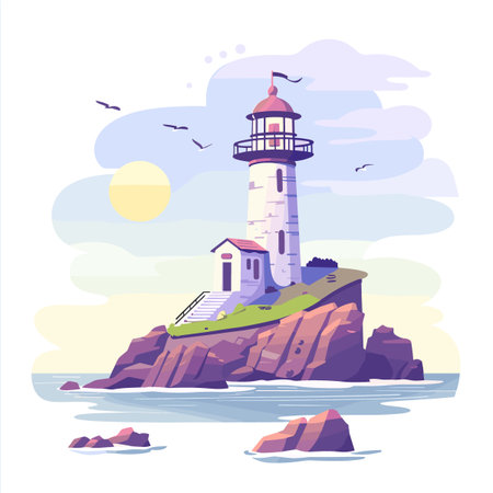 Lighthouse on the rock. Vector illustration in flat cartoon style.のイラスト素材