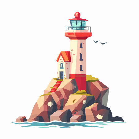 Lighthouse on the rock. Flat vector illustration isolated on white background.のイラスト素材