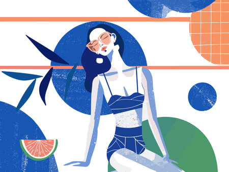 Vector illustration of a girl in a swimsuit on the background of the sea. The concept of summer holidays, vacation, travel.のイラスト素材