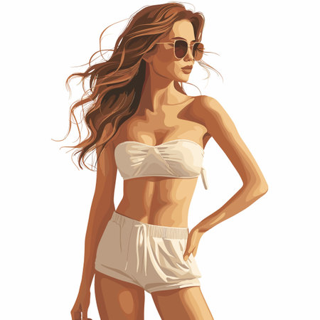 Beautiful young woman in white swimsuit and sunglasses. Vector illustration.のイラスト素材