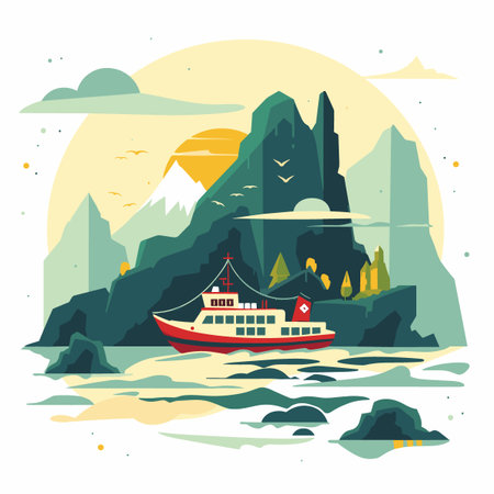 Ferry in the mountains. Vector illustration in flat cartoon style.のイラスト素材