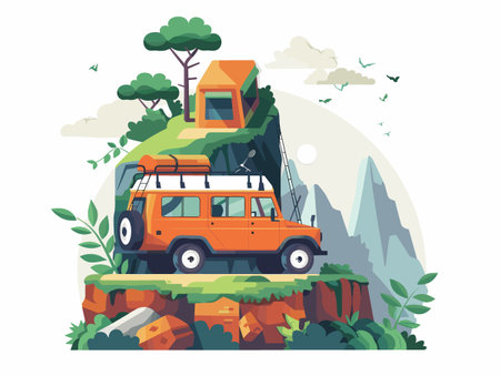 Vacation travel flat color vector faceless character. Mountain landscape with car.のイラスト素材