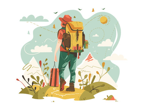 Hiking man with backpack and hat in the mountains. Vector illustrationのイラスト素材