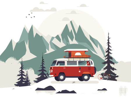 Vector illustration of a mountain landscape with a red camper van.のイラスト素材