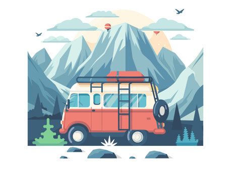 Vacation travel flat vector illustration. Camping van on mountain backgroundのイラスト素材