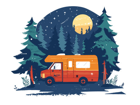 Camping trailer on the background of the night forest. Vector illustrationのイラスト素材