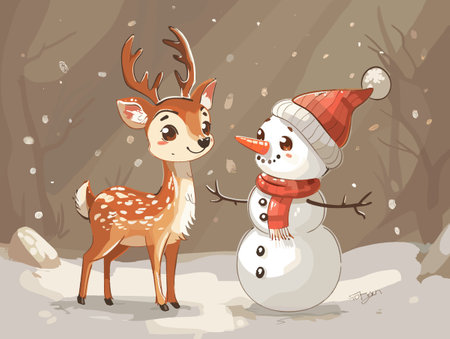 Christmas greeting card with cute deer and snowman. Vector illustration.のイラスト素材