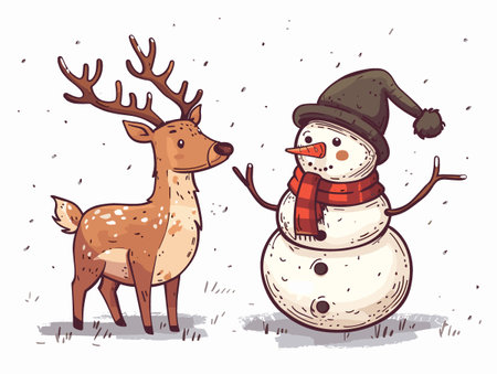 Cute cartoon snowman and reindeer. Vector illustration.のイラスト素材