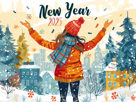 Happy New Year greeting card with woman in winter clothes and hat. Vector illustration.のイラスト素材