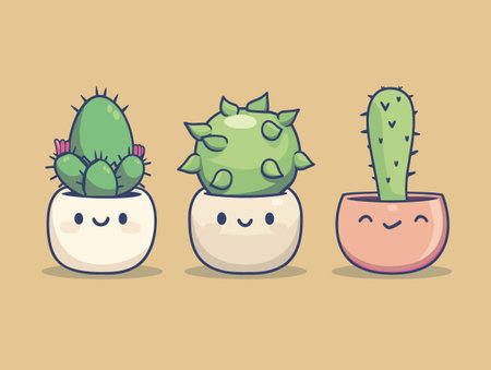 Three cacti in pots with smiling faces. Scene is cheerful and lightheartedのイラスト素材
