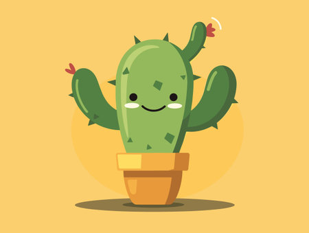 A cartoon cactus is smiling and waving at the camera. The cactus is in a pot and is surrounded by a yellow backgroundのイラスト素材