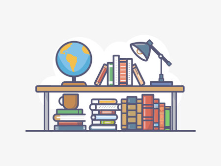 A table with a globe, a lamp, and a cup of coffee. The table is filled with books, and the books are arranged in a way that they are not touching each otherのイラスト素材