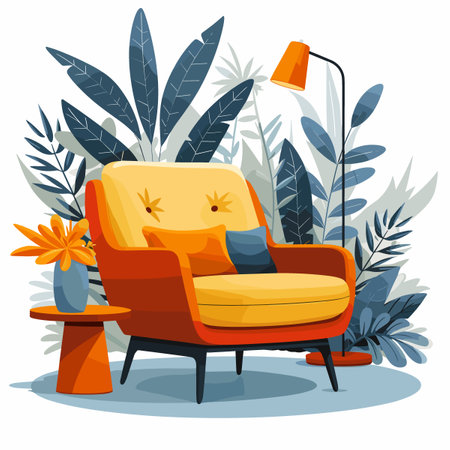 A yellow chair with a pillow and a vase of flowers on a table. The chair is in a room with a plant and a lampのイラスト素材