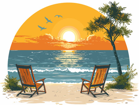 Two beach chairs are facing the ocean, with the sun setting in the background. The chairs are empty, and the scene is peaceful and relaxingのイラスト素材