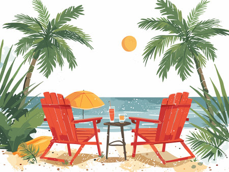 Two red beach chairs are set up on a sandy beach with a table in between them. An umbrella is shading the chairs from the sun. The scene is peaceful and relaxing, perfect for a day at the beachのイラスト素材