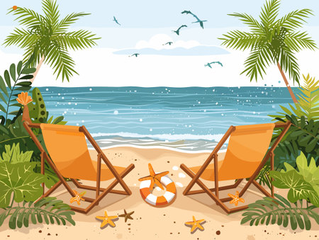 Two beach chairs are set up on the sand, with a life preserver nearby. The chairs are facing the ocean, and there are several birds flying in the background. Concept of relaxation and leisureのイラスト素材