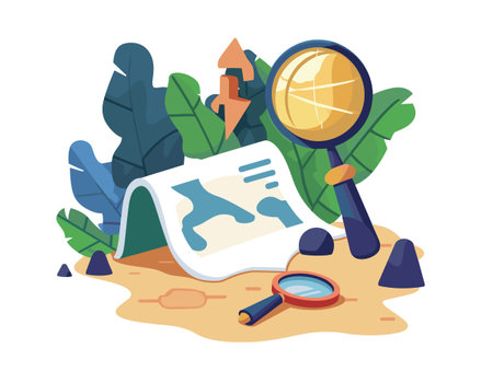 A map is on a table with a magnifying glass and a leaf. The map is of a place with a lot of trees and rocksのイラスト素材