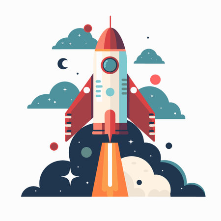 A red and white rocket is flying through the sky with a blue and white cloud in the backgroundのイラスト素材