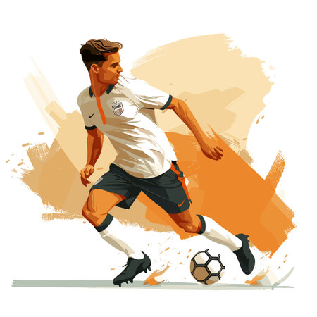 A man in a white and orange shirt is kicking a soccer ball. The image has a playful and energetic mood, as the man is in motion and focused on the ballのイラスト素材