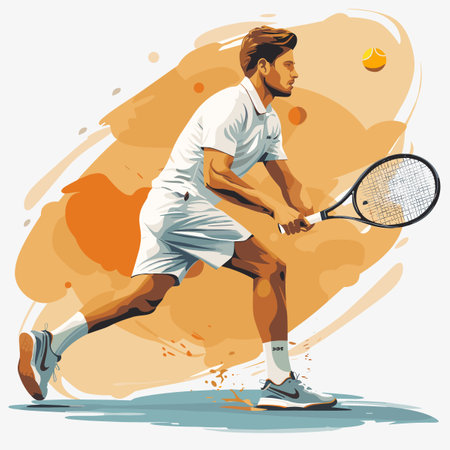 A man is playing tennis with a tennis ball in the air. He is wearing a white shirt and shortsのイラスト素材