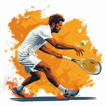 A man is playing tennis and is about to hit the ball. The painting is of a man in a white shirt and shorts, holding a tennis racket and preparing to hit a tennis ball. The painting has a livelyのイラスト素材