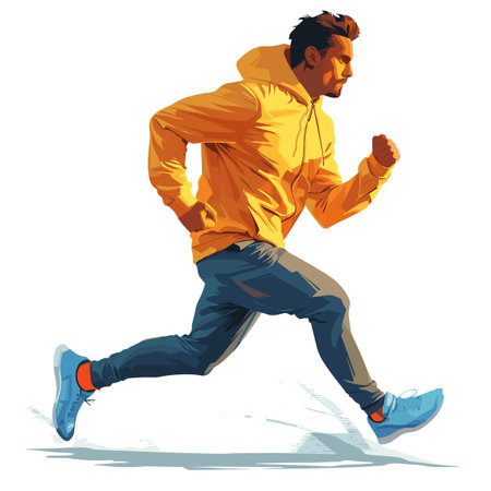A man in a yellow jacket is running on a white background. The man is wearing blue pants and blue shoesのイラスト素材