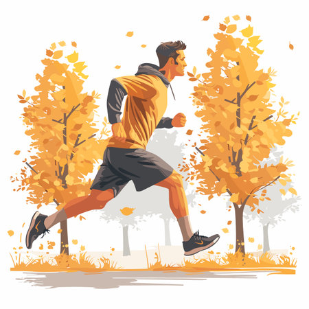 A man is running in a park with trees in the background. The man is wearing a yellow shirt and black shortsのイラスト素材